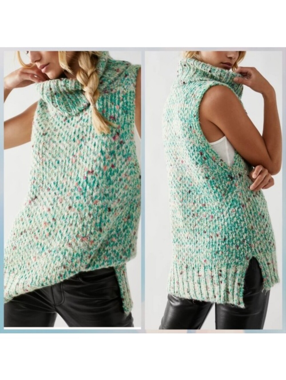 NWT Free People Faye Green Space Dye Chunky Knit Turtleneck Sweater Vest XS
